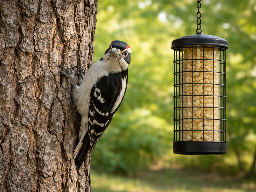 Downy woodpecker clinging to a tree trunk near a suet feeder in bright natural light.