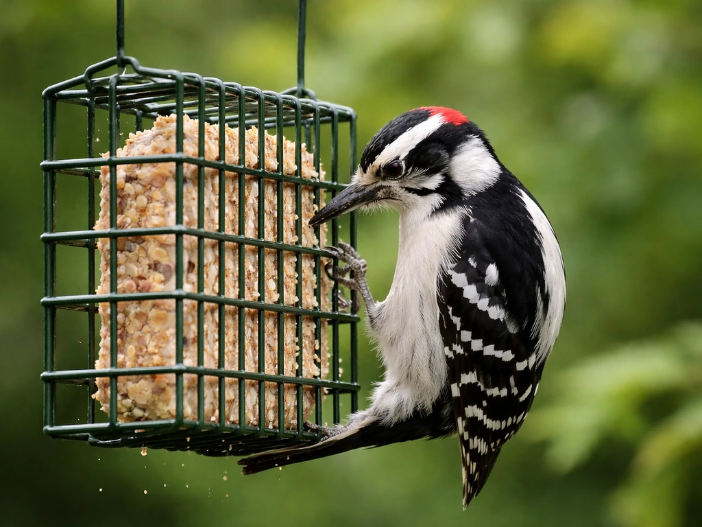 A woodpecker pecks at a suet feeder in a quiet backyard garden.