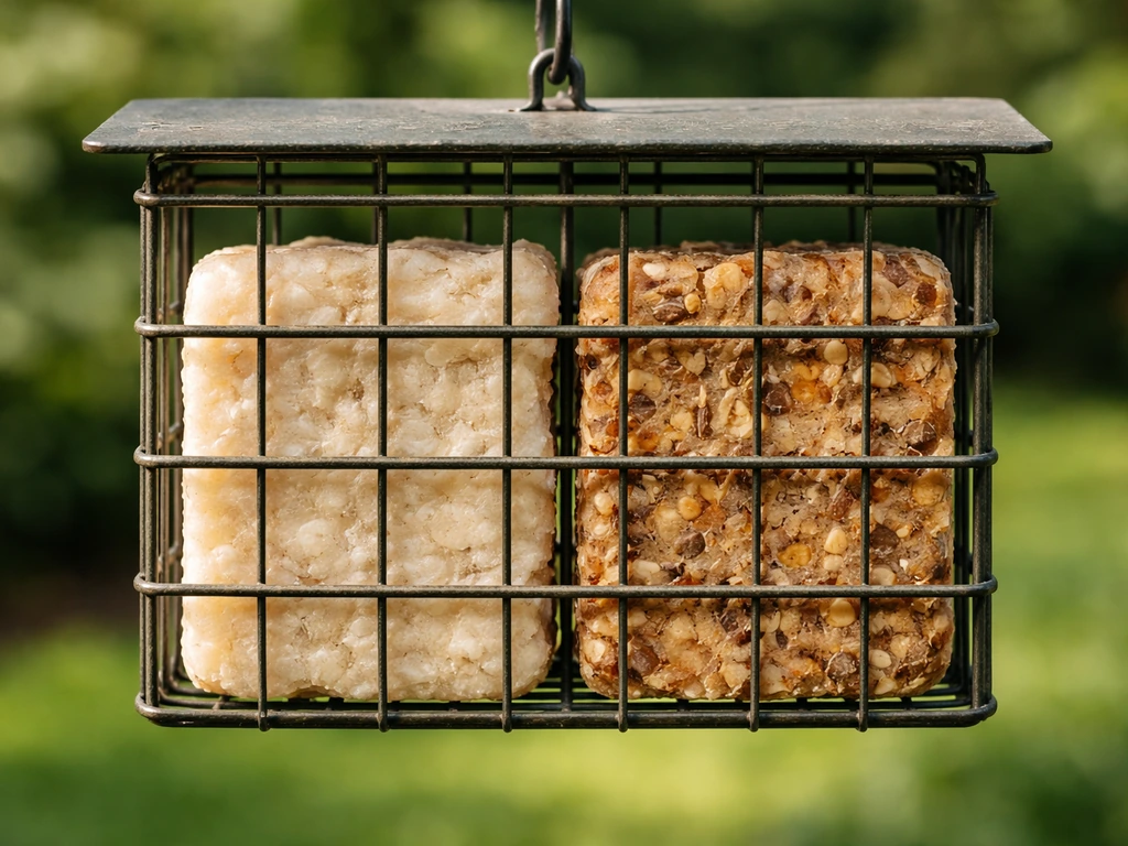 Close-up of a bird feeder with suet cake and nuts, showing the textured foods woodpeckers target