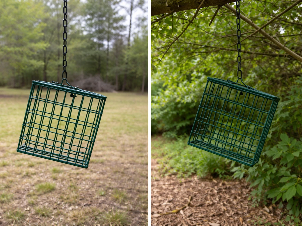 Before/after scene: suet feeder in open space vs moved closer to shrubs/trees, no birds visible.
