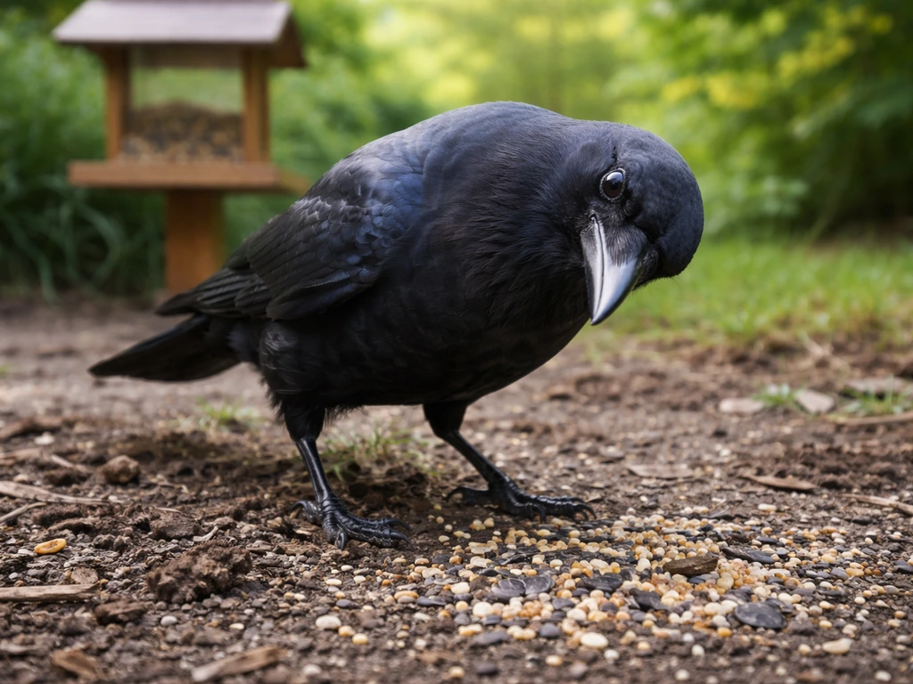 A single crow investigates a backyard bird feeder area with scattered seeds on the ground.