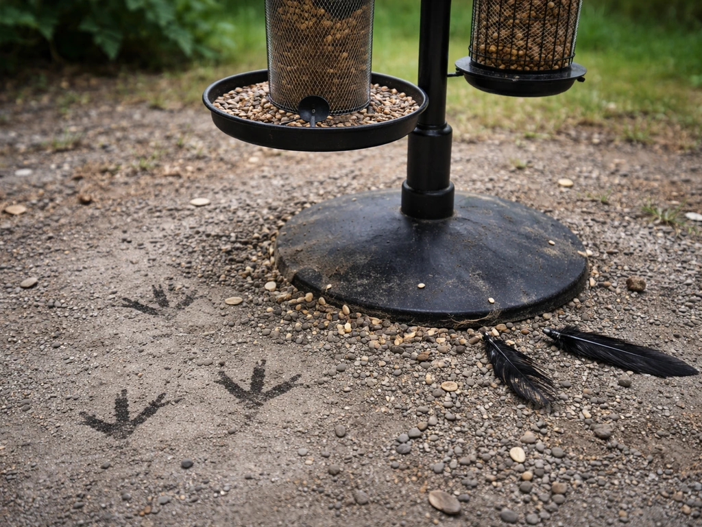 Scattered seed hulls and crow footprints near a bird feeder base, with no bird in view.