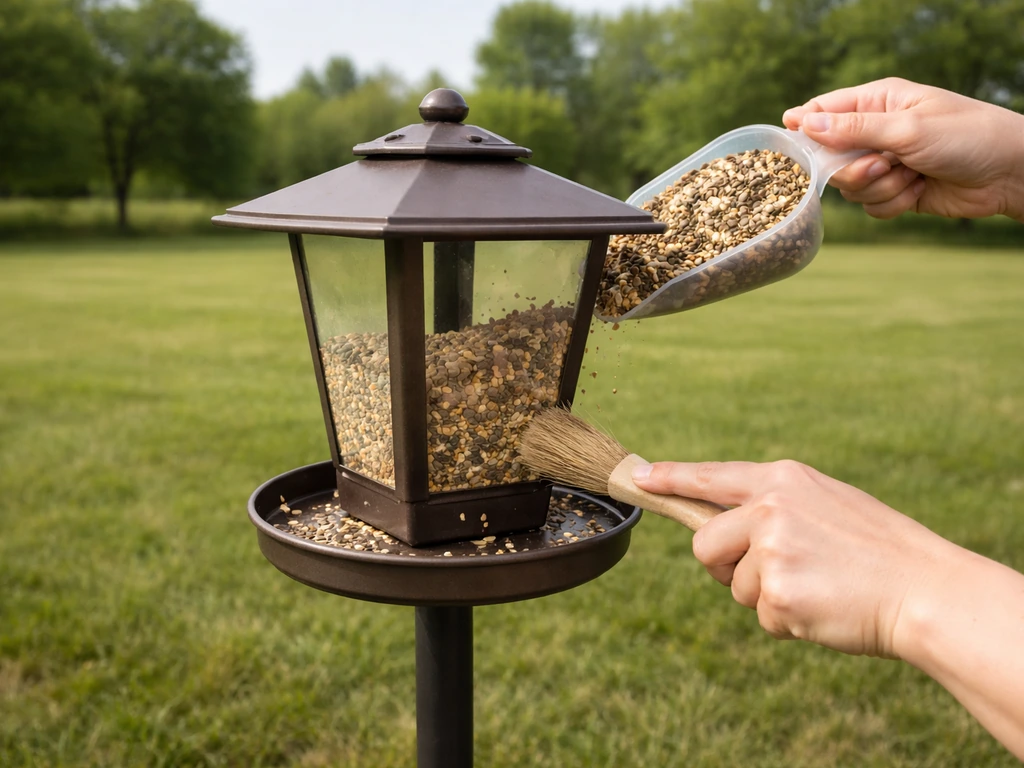 Person’s hands cleaning and refilling a bird feeder in an open backyard with clear sightlines.