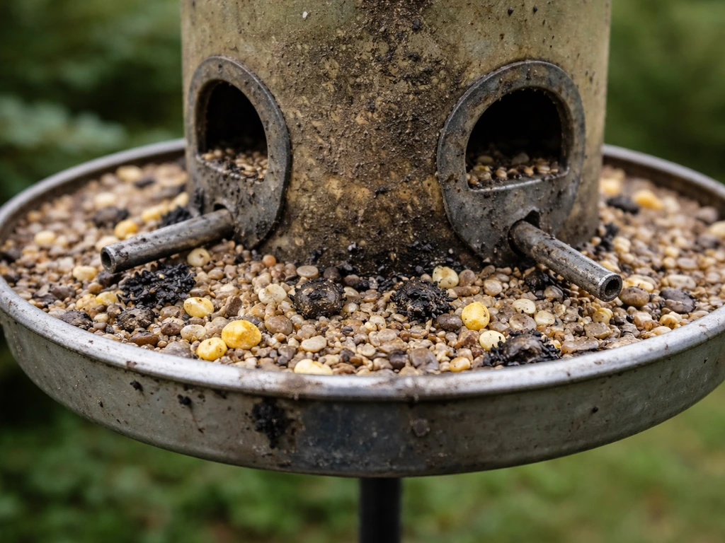 Close-up of a dirty bird feeder tray with dark droppings and contaminated seed surface outdoors.