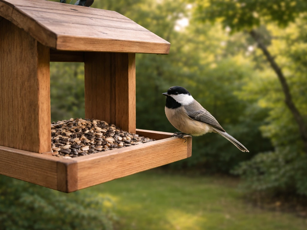 Small bird perched on a clean backyard feeder near trees and cover in natural light.