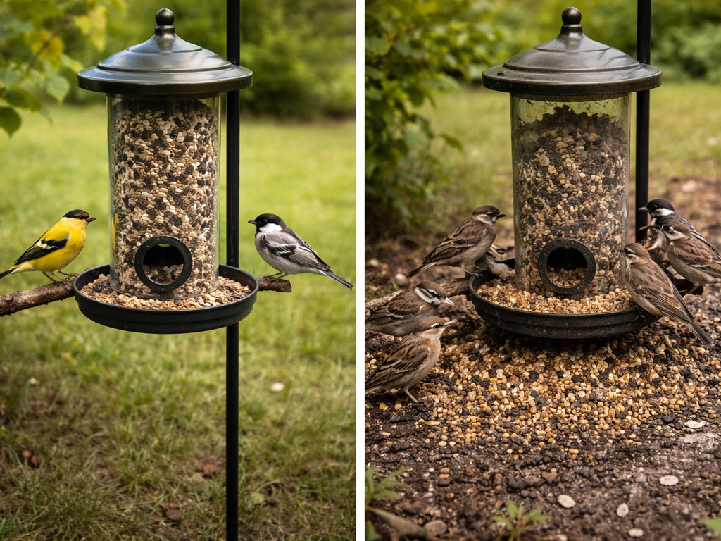 Clean feeder with birds nearby on one side, dirty crowded feeder with droppings and spilled seed on the other.