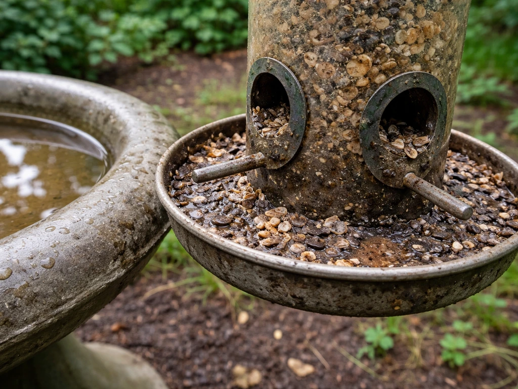 Close-up of a bird feeder tray with wet, soiled seed and damp grime around it and a nearby birdbath
