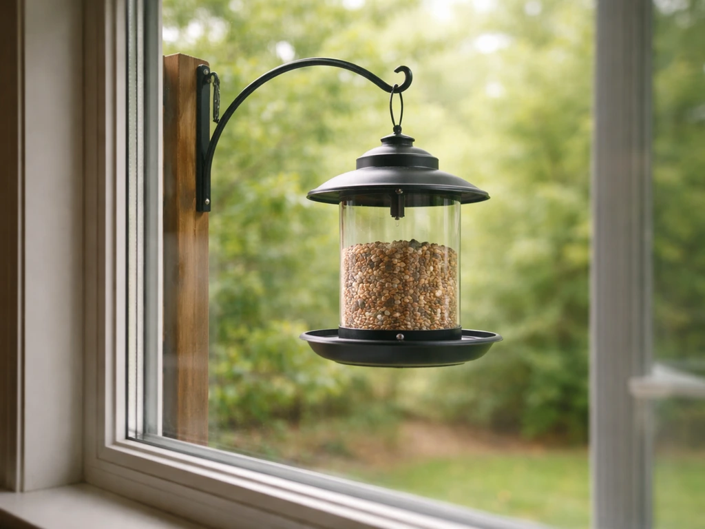 Bird feeder hanging beside a window with reflection showing close distance that risks collisions.
