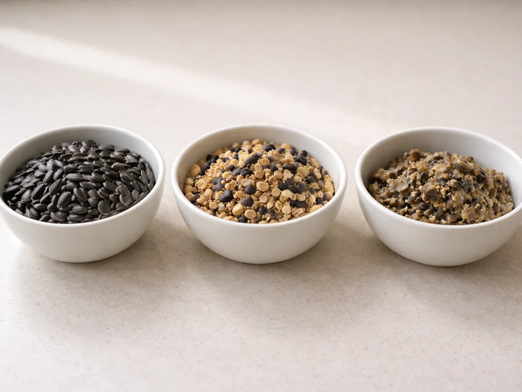 Black-oil sunflower seeds and suet/seed mix in small bowls, with a separate discarded wet feed item in frame.
