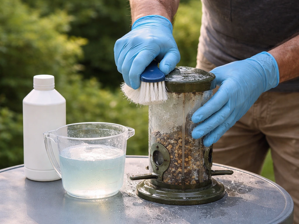 Gloved person scrubbing a bird feeder while diluted bleach solution sits in a measuring cup beside it.