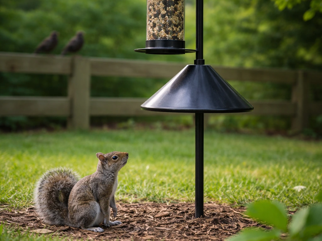 Bird feeder pole with a squirrel baffle, with a squirrel and small starlings near the feeder area
