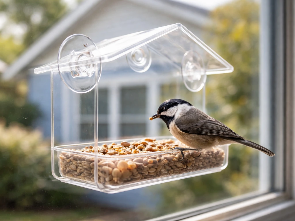 A small bird perched on a suction-mounted window bird feeder tray by a home window.