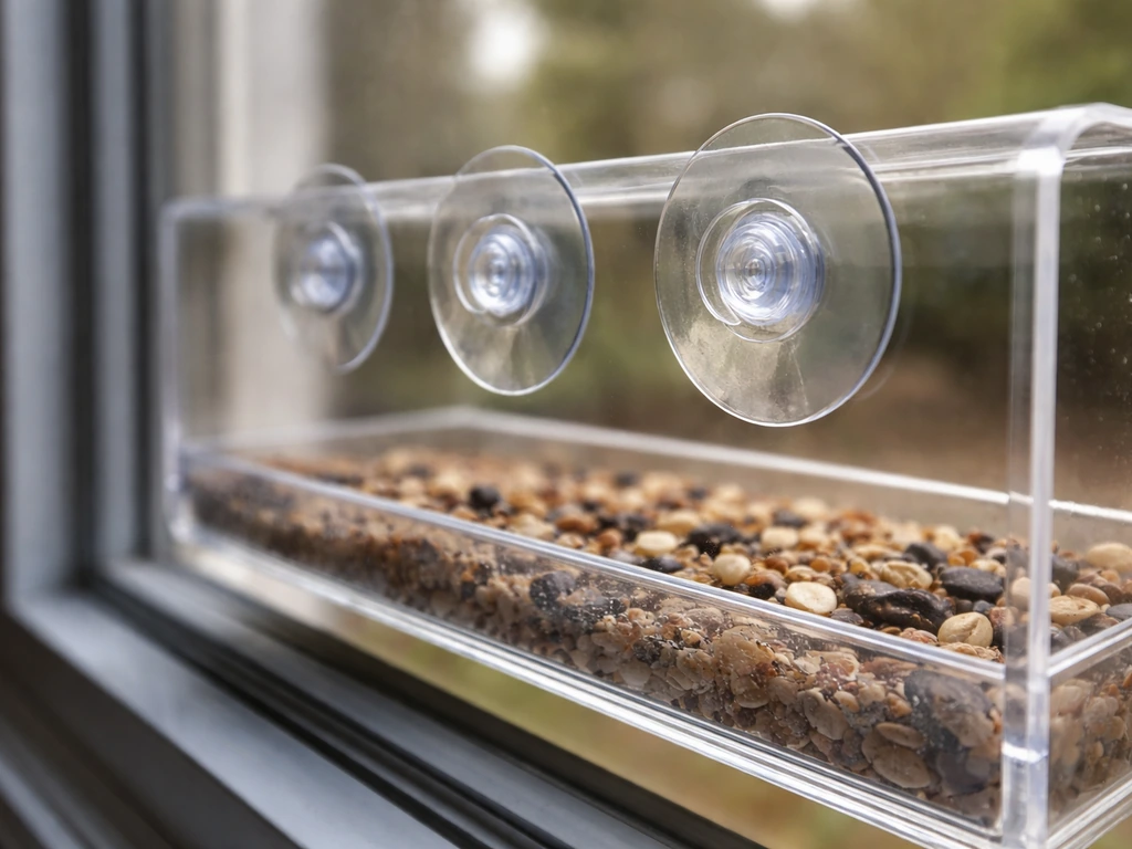 Close-up of a window bird feeder’s suction cups firmly attached to glass.