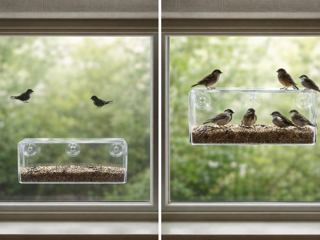 Split before/after view of a window feeder placed too low vs correctly placed, with clear bird-visit cues.
