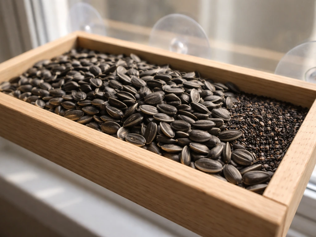 Close-up of a window feeder tray with black-oil sunflower seeds and a small corner of nyjer seeds.