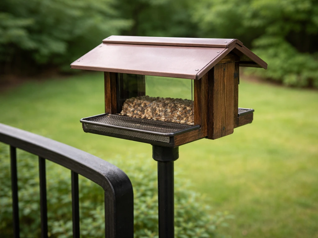 Backyard bird feeder on a pole near garden railing, feeder partially covered to suggest a safety decision.