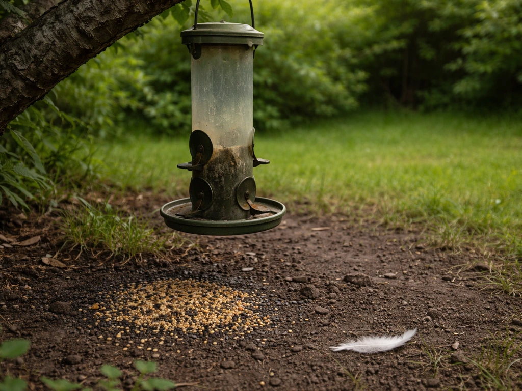 A close-up backyard bird feeder with spilled seed and subtle signs suggesting mold or pests.