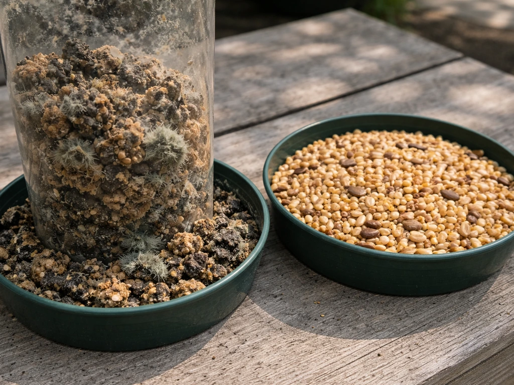 Moldy damp bird feeder seed with fuzzy clumps beside a container of fresh dry seed