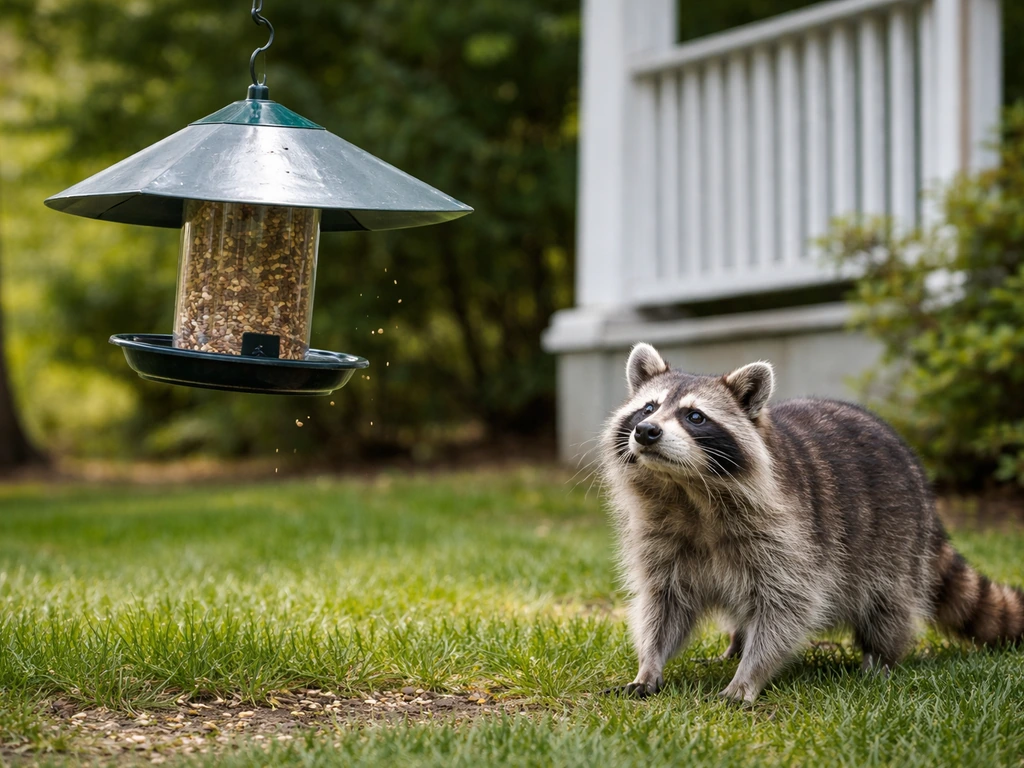 Raccoon near a hanging bird feeder with a protective baffle in a quiet yard.