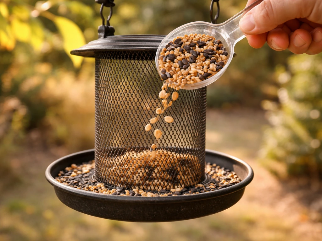 Garden bird feeder being refilled with fresh seed in warm sunlight to prevent seed from spoiling