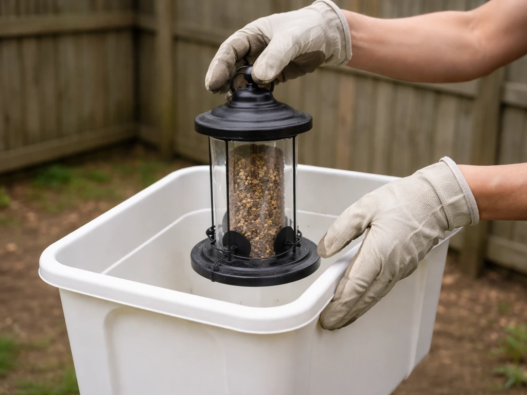 Gloved hands removing a bird feeder and placing it into a clean container for outdoor cleaning.