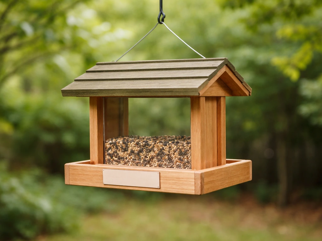 Close-up of a wooden bird feeder with a blank label area in a quiet backyard