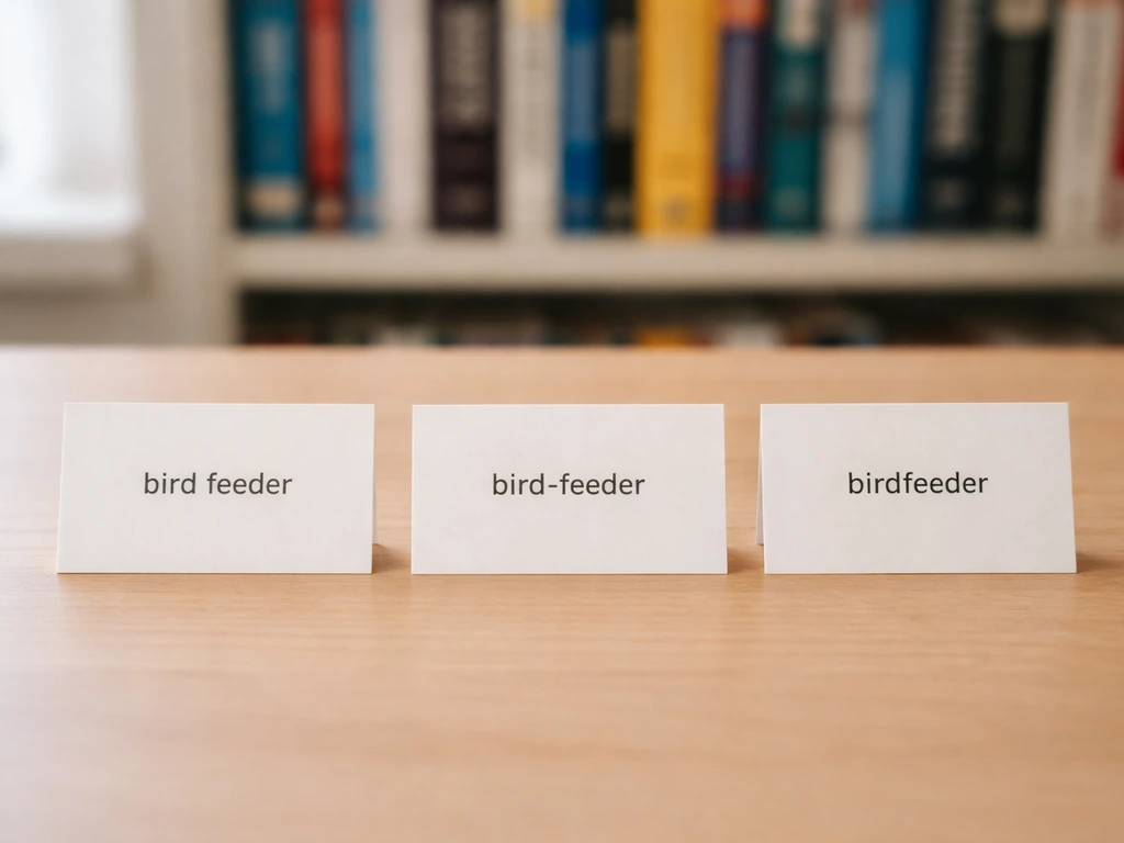 Three blank cards on a table displaying the phrases bird feeder, bird-feeder, and birdfeeder.