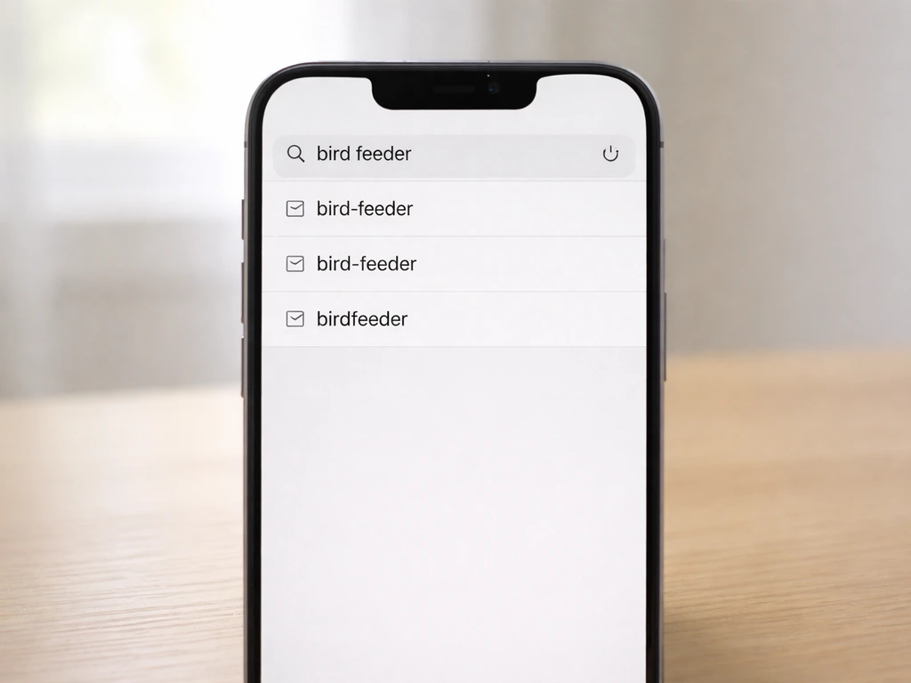 Minimal phone search screen mock with three bird feeder query variants and a highlighted best match.