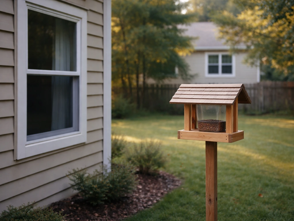 Minimal backyard scene with a bird feeder visible near a window, emphasizing placement distance.