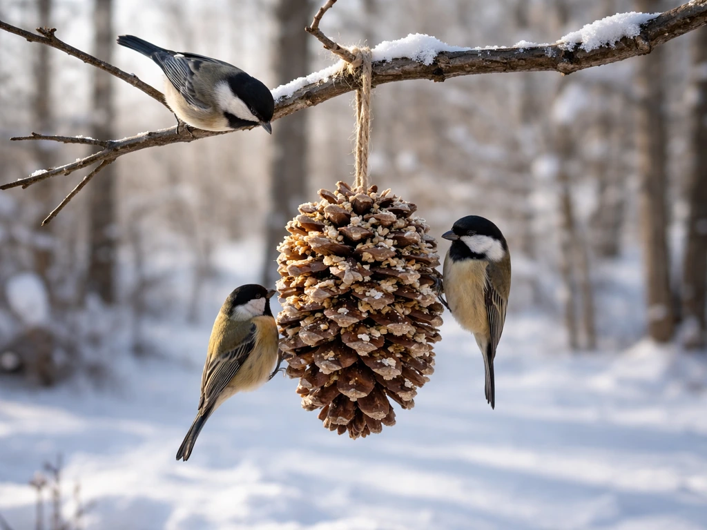 Small winter birds visit a pine cone bird feeder hanging from a snowy backyard branch.