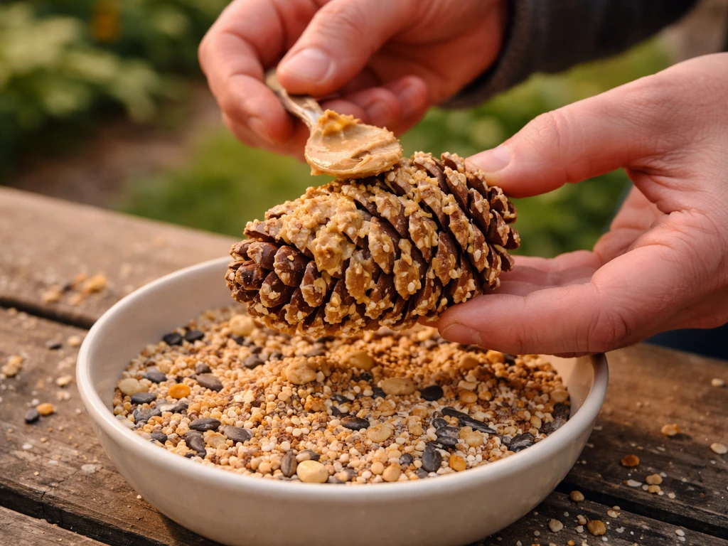 Anonymous hands coating a pine cone with binder and rolling it in birdseed for a feeder
