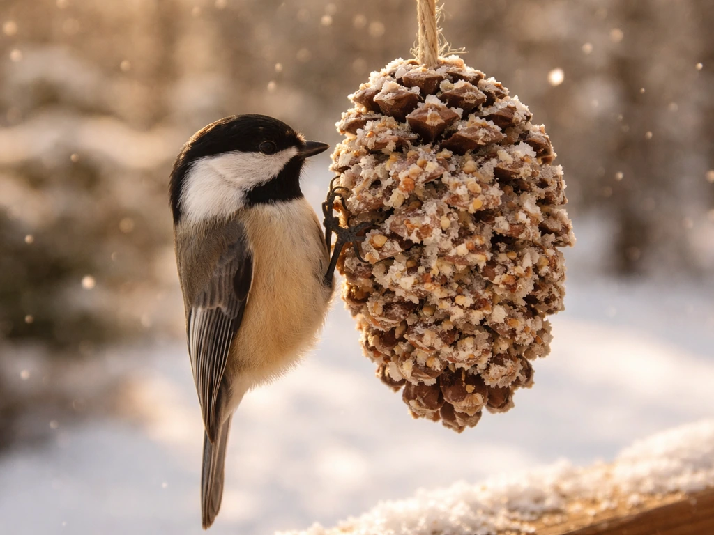 A chickadee or nuthatch clings to a winter pine-cone feeder covered in bird fat.