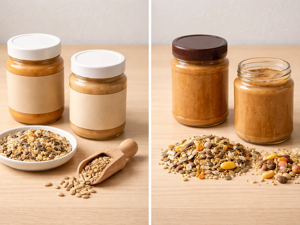 Minimal still life comparing natural peanut butter, almond butter, and birdseed with salt-added jar and other unsafe-loo