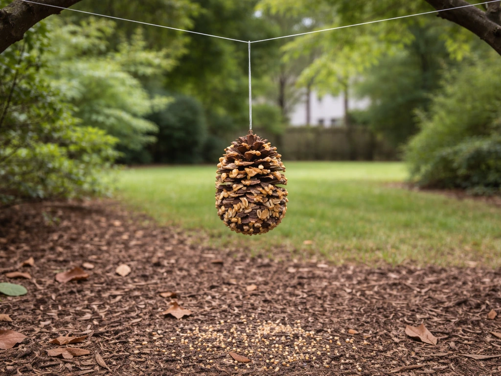 Pine cone bird feeder hanging on thin monofilament with little seed mess below in a quiet yard