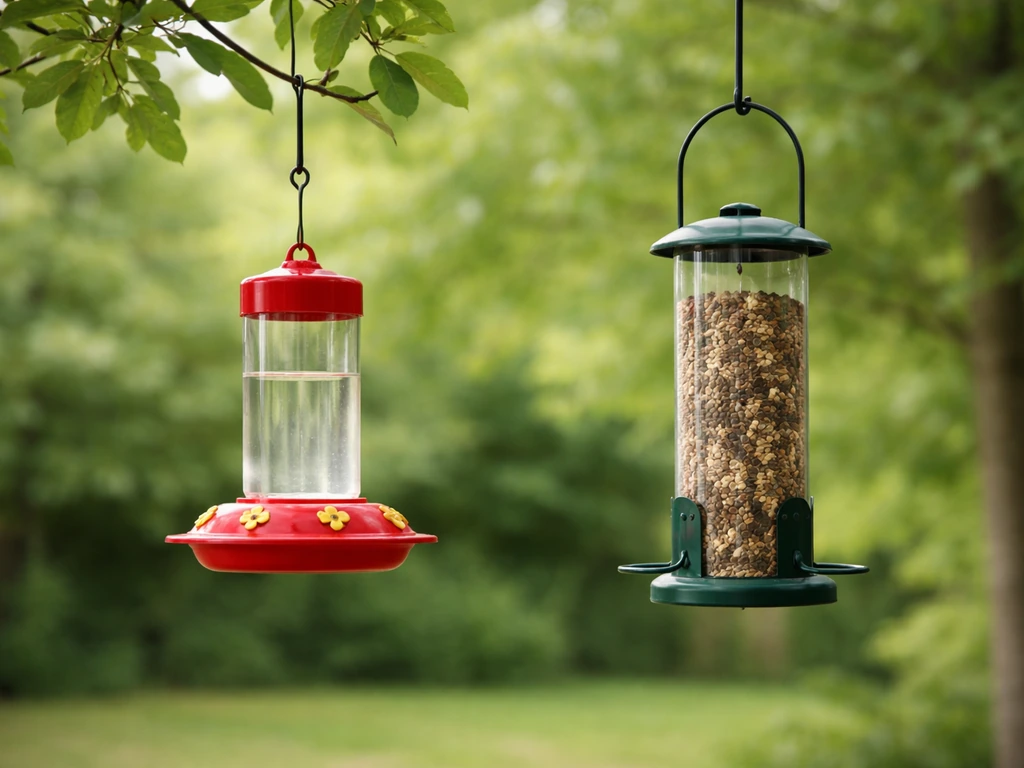 Backyard view showing a hummingbird feeder hanging apart from a separate bird seed feeder with clear spacing.