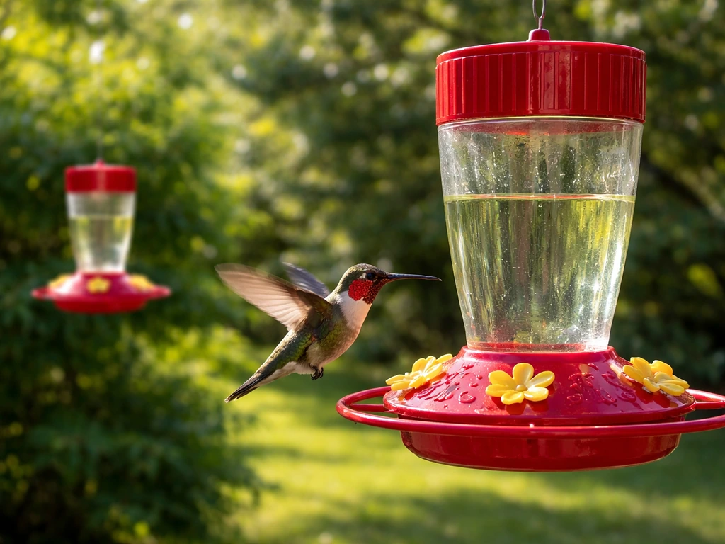 A hummingbird hovers at one nectar feeder while another feeder sits separated nearby in a quiet garden.