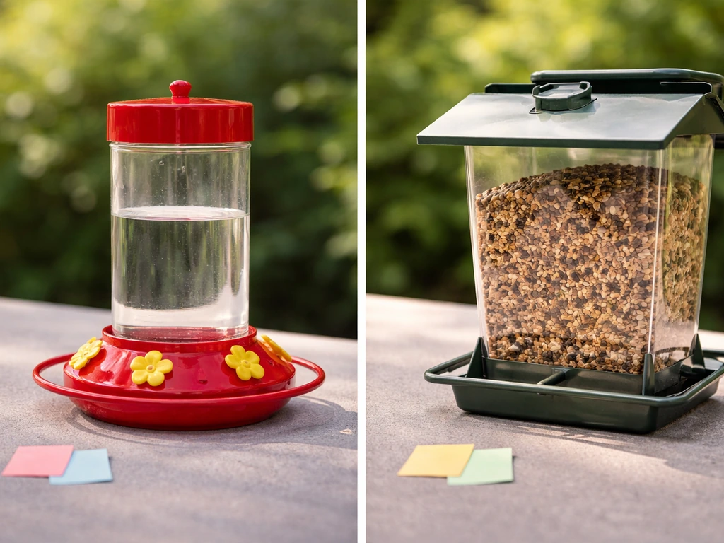 Side-by-side: hummingbird feeder with clear sugar water and a seed/thistle feeder with dry seeds.