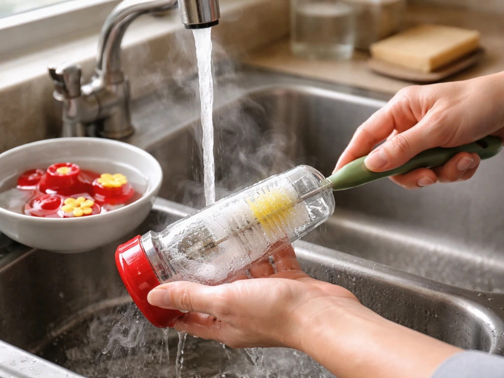 Hands washing a hummingbird feeder in hot water with a bottle brush while other feeder parts are nearby.