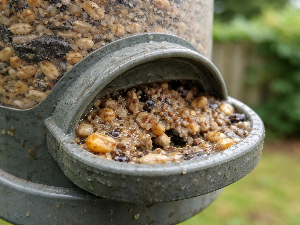 Close-up of a bird feeder’s clogged feeding port with wet, compacted birdseed blocking the opening.