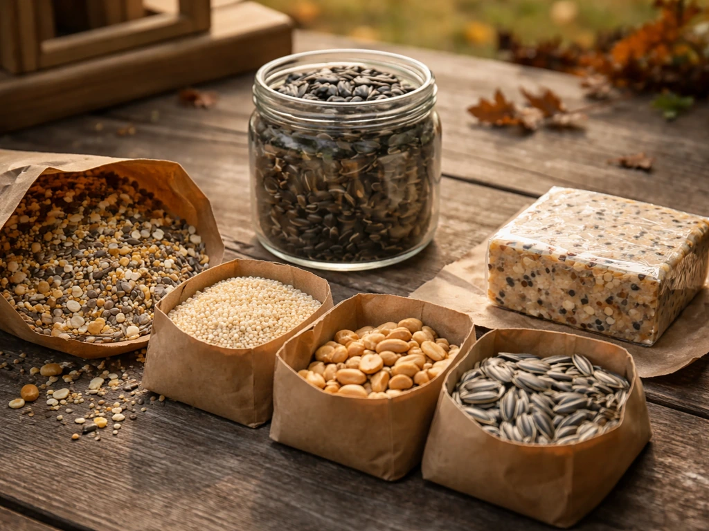 Tabletop spread of bird seed types in jars and packets beside a wooden feeder in natural light.