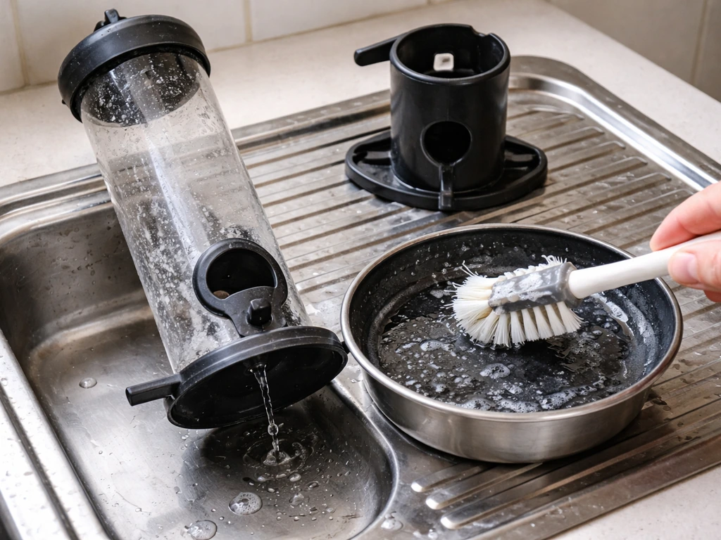 Disassembled bird feeder parts being rinsed and brushed over a drip tray in a sink.