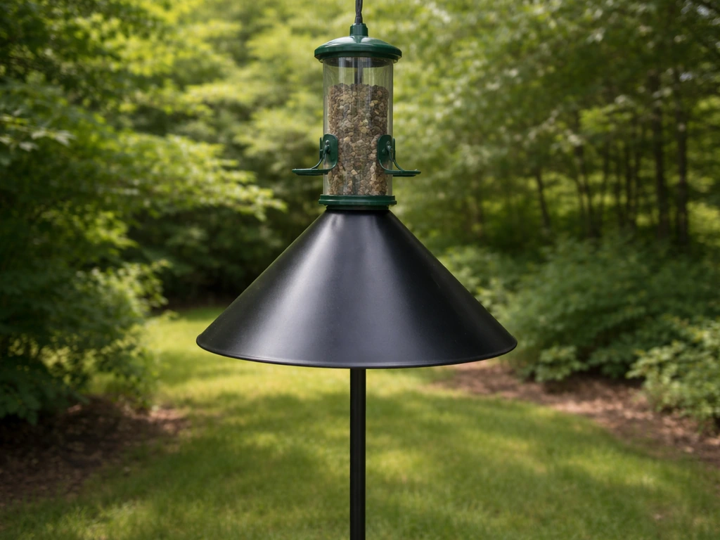 Bird feeder pole with a cone baffle blocking seed ports, keeping squirrels from reaching food.