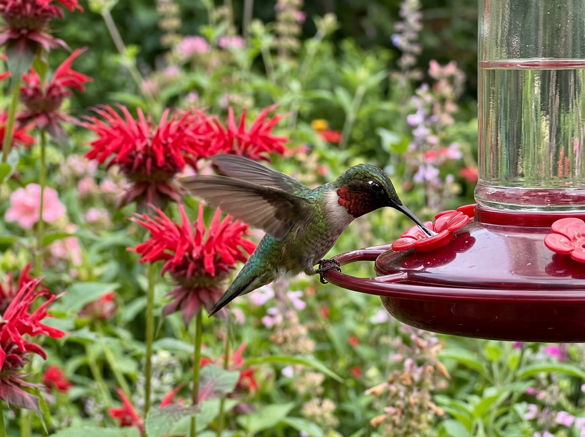 Hummingbird using sharp vision to spot a red feeder among flowers