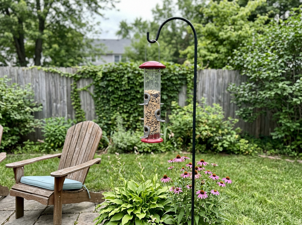 Feeder height placed at roughly chest level on a patio support
