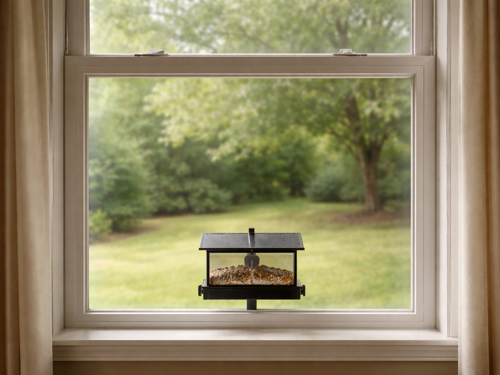 Bracket-mounted bird feeder under a window with clear empty space above for safe clearance.