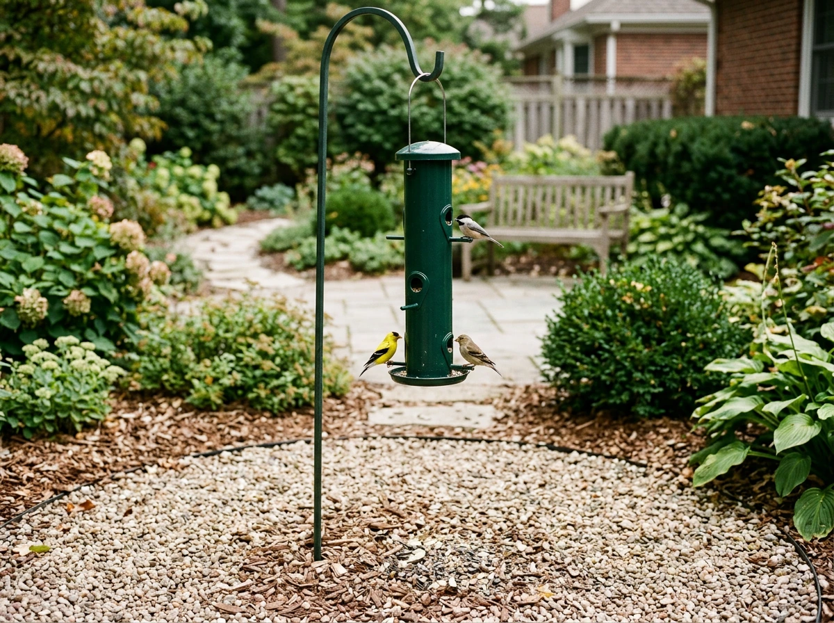 Birds feeding at a backyard feeder with manageable ground below
