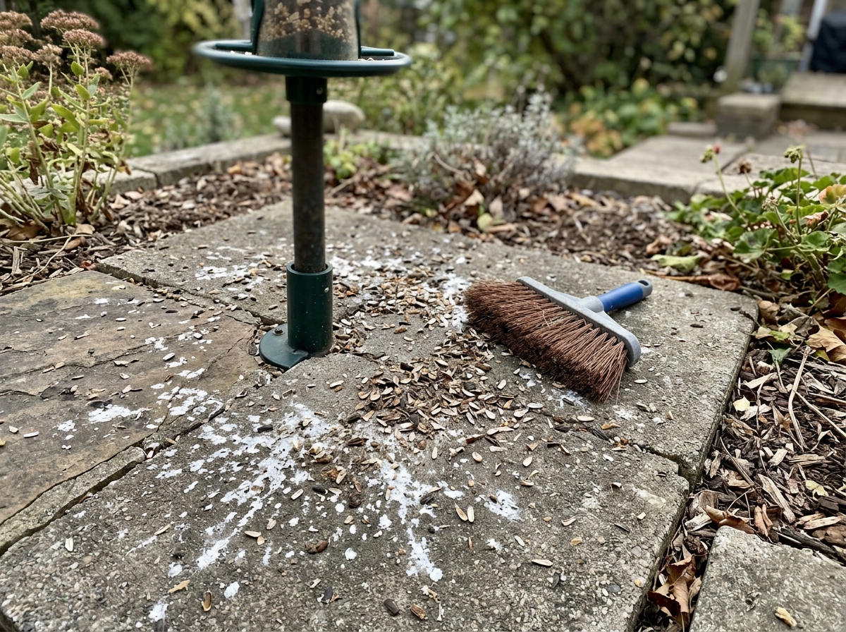 Droppings and seed hulls visible directly under a bird feeder
