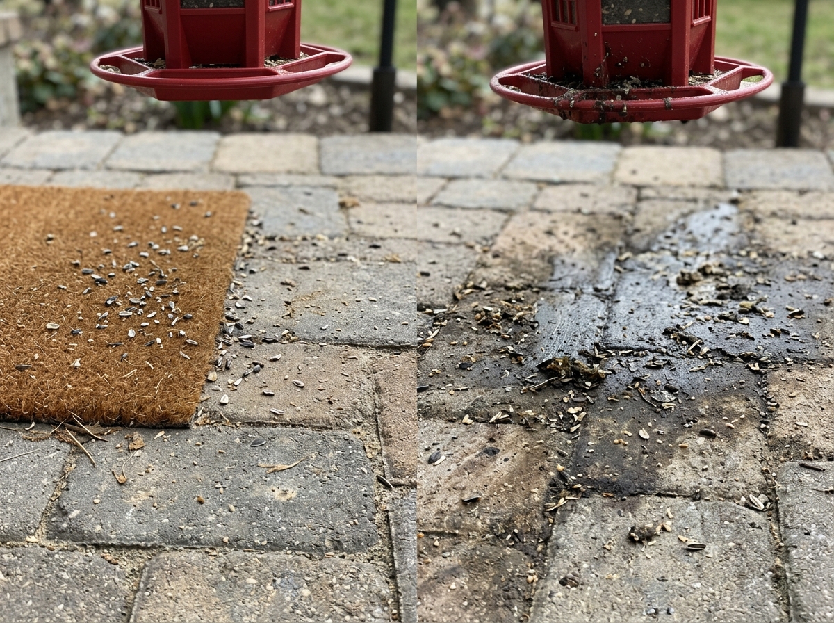 Light scattered droppings versus heavy buildup near a feeder