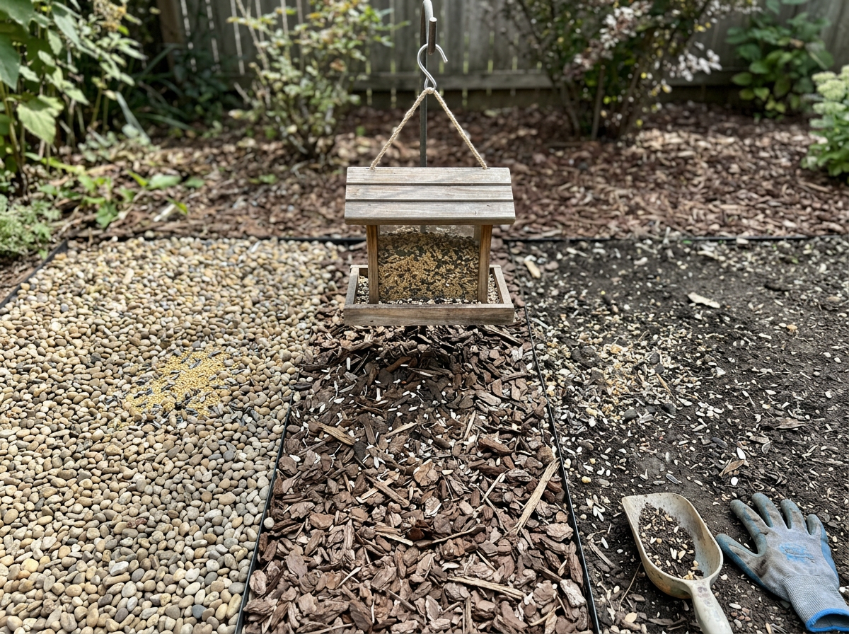 Pea gravel, wood chips, and soil options under a bird feeder