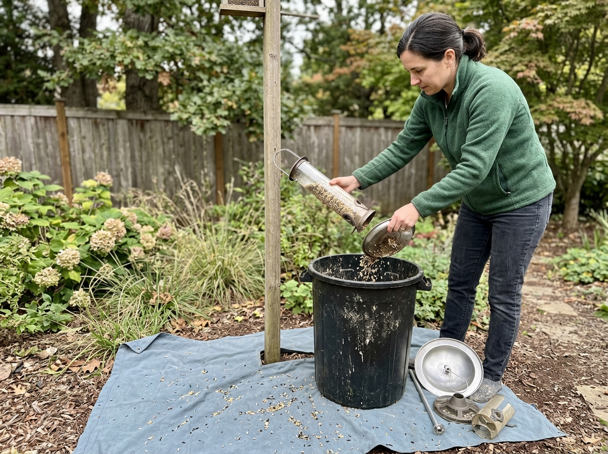 Cleaning a seed feeder with a catch area and emptied tray
